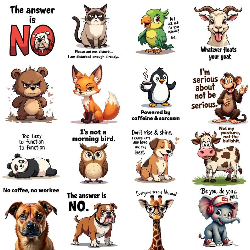 Animals With Quotes PNG, 50 Funny Sarcastic Clipart Bundle, Cute ...