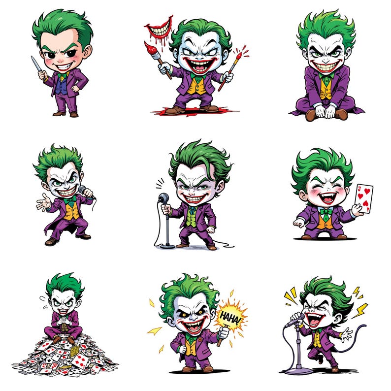 nine distinct illustrations of the Joker character from the Batman universe, each depicting a different action or pose of the Joker.