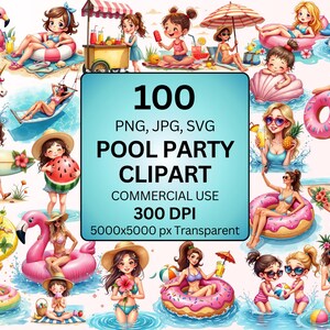 Puede incluir: Una colección de 100 ilustraciones digitales con temática de fiesta en la piscina en formatos PNG, JPG y SVG. Los gráficos muestran varios personajes en traje de baño con flotadores, tablas de surf y bebidas tropicales, etiquetados 100 PNG, JPG, SVG POOL PARTY CLIPART.