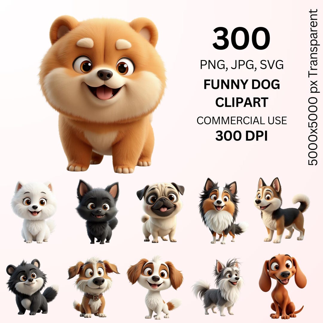 Funny Dog Clipart Bundle 300 Cute Cartoon Puppies PNG JPG SVG, Smiling ...