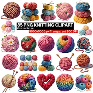 Puede incluir: Una colección de ovillos y montones de lana coloridos, perfectos para proyectos de tejido y manualidades. La imagen incluye varios colores, texturas y arreglos de lana, con algunas bolas adornadas con flores. El texto dice "85 PNG KNITTING CLIPART".
