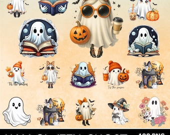 Retro Halloween-png-bundel – 100 clipartontwerpen coquette ghost | Griezelig seizoen, herfst en trendy Halloween-png's | 5000 x 5000 px