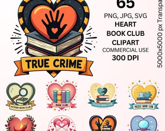 Heart Book Club Clipart Bundle, True Crime Romance Book Lover PNG SVG JPG, Reading Club Badge Graphics, Commercial Use