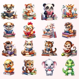 a collection of twelve cute and whimsical illustrations of animals, including a dog, panda, giraffe, cat, chicken, sheep, dog, cat, tiger, monkey, zebra, leopard, elephant, and a green dinosaur.