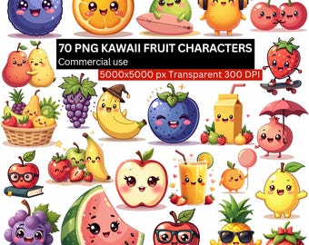 Clipart de frutas kawaii, 70 personajes de frutas adorables PNG, dibujos de frutas PNG, clipart de frutas adorables, arte de comida kawaii, pegatinas de frutas PNG