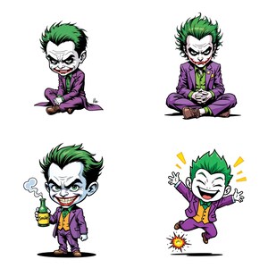 four cartoon-style illustrations of a character with green hair, dressed in a purple suit, and various expressions and poses.