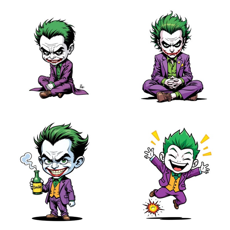 four cartoon-style illustrations of a character with green hair, dressed in a purple suit, and various expressions and poses.
