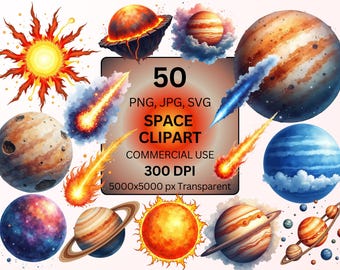 Space Clipart Bundle, 50 Watercolor Planet PNG, Solar System Clipart, Galaxy Sublimation, Astronomy PNG, Commercial Use, Instant Download