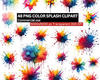 May include: A collection of 48 colorful PNG color splash clipart images. The images feature vibrant watercolor paint splatters in various shapes and sizes, with a transparent background. The text in the image reads "48 PNG COLOR SPLASH CLIPART" and "Commercial use".
