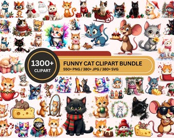Funny Cat Clipart Bundle 1300+ PNG JPG SVG, Cute Cat Illustrations, Cartoon Cat Graphics, Kawaii Cats, Commercial Use