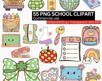 Op de afbeelding: Een verzameling van 55 PNG school clipart afbeeldingen. De illustraties omvatten een schoolbus, peer, liniaal, wereldbol, notitieboek, potlooddoos, puntenslijper, beker, nietmachine, appel, strik, palet, laptop en meer. De clipart heeft een retro, kleurrijk ontwerp.