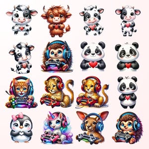 a collection of cartoon animal characters, including cows, bulls, pandas, cats, lions, hedgehogs, penguins, and a unicorn, all wearing headphones and holding hearts.