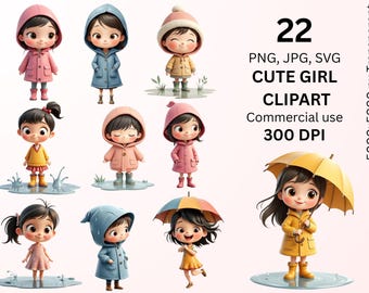 Cute Girl Clipart Bundle, Little Girl PNG SVG JPG, Kawaii Girl Clipart, Cartoon Kid Graphics, Nursery Clipart, Commercial Use