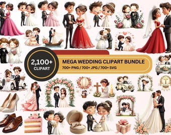 Wedding Clipart Bundle, 2100 Bride and Groom PNG, Cute Wedding Couple Clipart, Floral Arch Invitation PNG, Wedding SVG, Commercial Use
