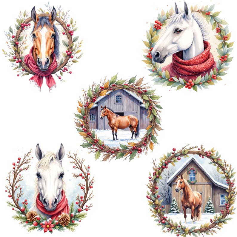 Christmas Horse Clipart Bundle, 40 PNG Watercolor Horse Wreaths, Winter ...