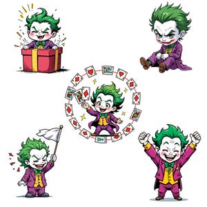 five cartoon-style illustrations of a young boy with green hair dressed in a purple suit, each depicting a different action or expression.