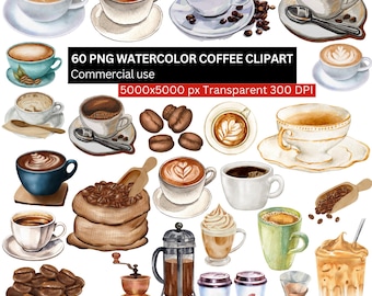 May include: Watercolor clipart set featuring various coffee drinks, coffee beans, and coffee-making equipment. The image includes cups of latte art, espresso, and iced coffee. Text on the image reads "60 PNG Watercolor Coffee Clipart Commercial use 5000x5000 px Transparent 300 DPI."