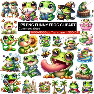 Frog Clipart PNG Bundle, 175 Funny Cartoon Frogs, Cute Animal Graphics, Transparent Background, Kids Projects, Sublimation, Digital Art
