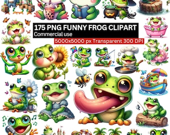 Paquete de imágenes PNG de ranas, 175 divertidas ranas de dibujos animados, gráficos de animales adorables, fondo transparente, proyectos infantiles, sublimación, arte digital