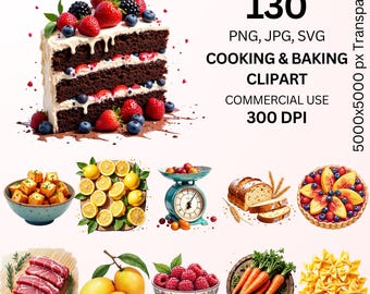 Kochen & Backen Clipart Bundle, 130 Lebensmittel Illustrationen PNG SVG, Küche Backen Grafiken, kommerzielle Nutzung