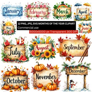 Könnte beinhalten: Eine Sammlung von 12 Aquarell-Cliparts, die jeweils einen Monat des Jahres darstellen. Jeder Monat wird auf einem Holzschild dargestellt, umgeben von saisonalen Elementen wie Blumen, Früchten und Kürbissen. Der Text "12 PNG, JPG, SVG MONTHS OF THE YEAR CLIPART Commercial use" ist ebenfalls sichtbar.