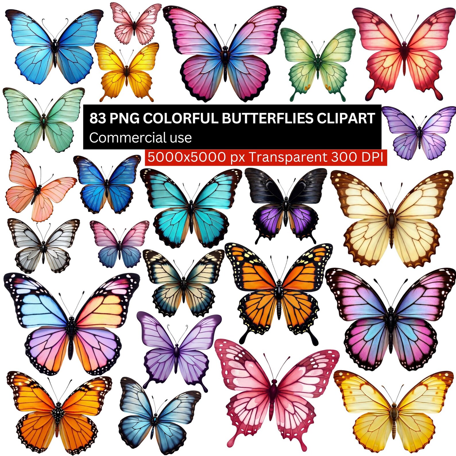Colorful Butterflies Clipart, Watercolor Butterfly PNG Bundle, Vibrant ...
