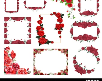 Watercolor Roses Clipart, 50 Red Roses PNG Bundle, Floral Wreaths Bouquets PNG, Wedding Invitation Transparent PNG, Digital Download