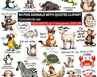 Animales con citas PNG, paquete de 50 imágenes prediseñadas sarcásticas y divertidas, animales de dibujos animados adorables, fondo transparente, archivos digitales de alta resolución