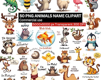 Cute Animal Clipart with Names, 50 PNG Kids Learning Bundle, Classroom Flashcards, Educational Worksheets, Transparent PNG