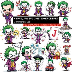 a collection of 48 cartoon-style illustrations of the Joker character from the DC Comics universe. The illustrations depict various poses, expressions, and actions of the Joker, including him holding a gun, a gun pointing at the Joker, and other playful and mischievous poses. The images are arranged in a grid format, showcasing the Joker in different dynamic poses and settings.