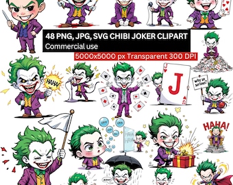 48 Chibi Joker Clipart, Joker PNG SVG JPG Bundle, Cute Villain Cartoon Stickers, 5000x5000px, Digital Download, Commercial Use