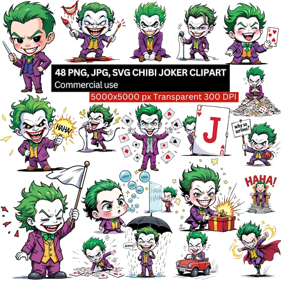 48 Chibi Joker Clipart, Joker PNG SVG JPG Bundle, Cute Villain Cartoon Stickers, 5000x5000px, Digital Download, Commercial Use