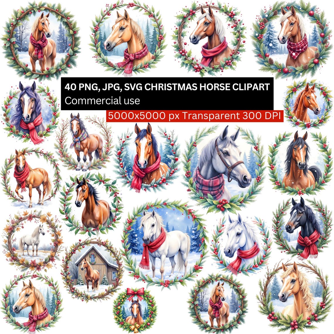 Christmas Horse Clipart Bundle, 40 PNG Watercolor Horse Wreaths, Winter ...