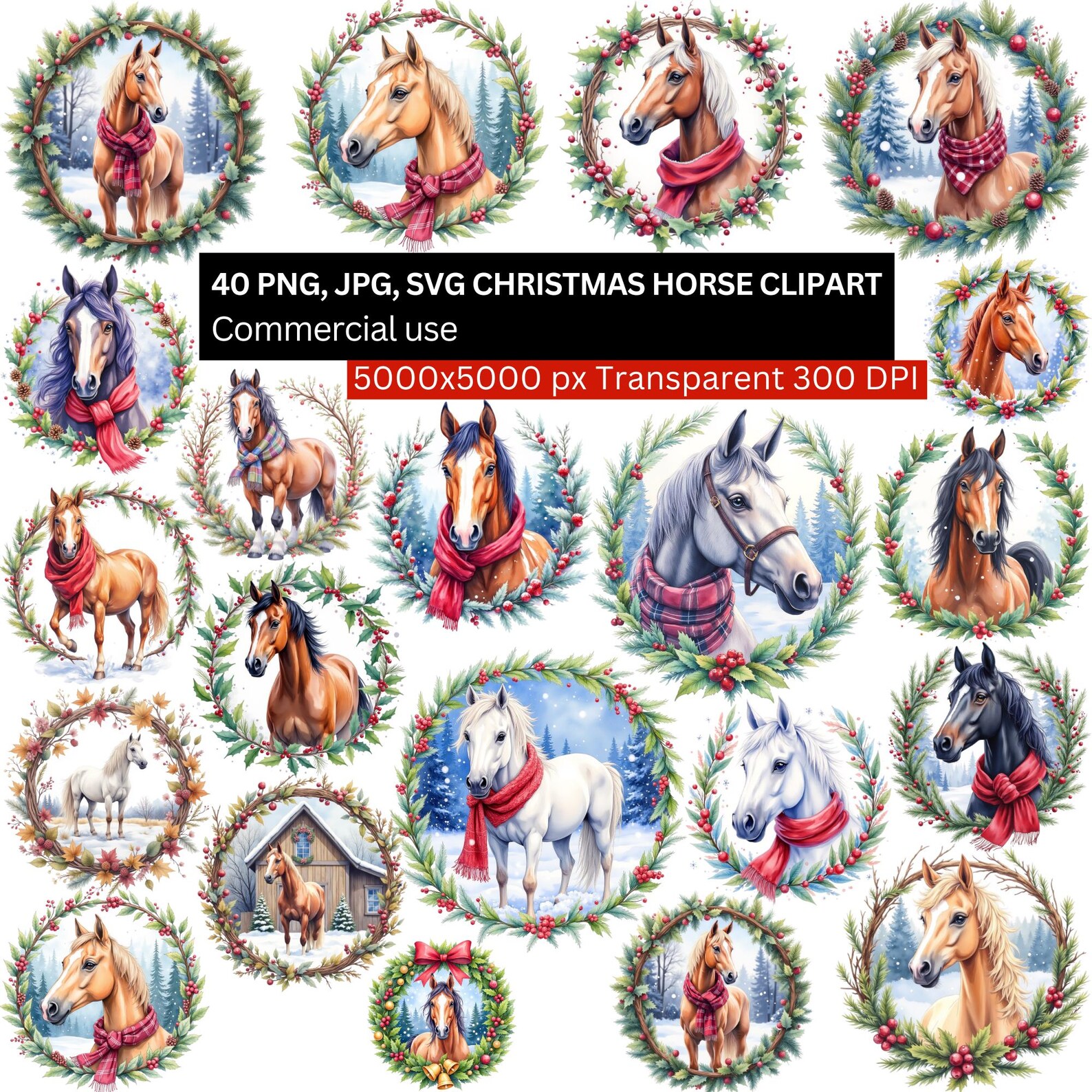 Christmas Horse Clipart Bundle, 40 PNG Watercolor Horse Wreaths, Winter ...