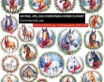 Christmas Horse Clipart Bundle, 40 PNG Watercolor Horse Wreaths, Winter Horse Clip Art, Farmhouse Christmas Animals, 5000px Sublimation PNG