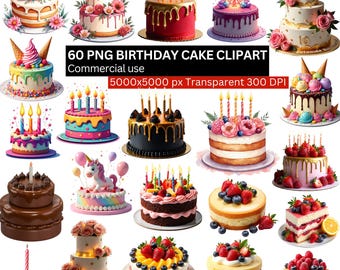 60 verjaardagstaart clipart png, aquarel verjaardagstaarten, feesttaart sublimatie, afdrukbare digitale download, 5000px 300 dpi transparant