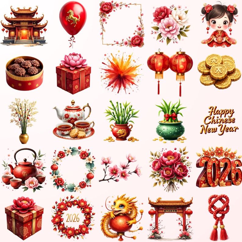 a collection of Chinese New Year-themed objects and decorations, including a pagoda, a red balloon, a lantern, a gift box, a teapot, a potted plant, a wreath, a dragon, and a box with the year "2026" on it.