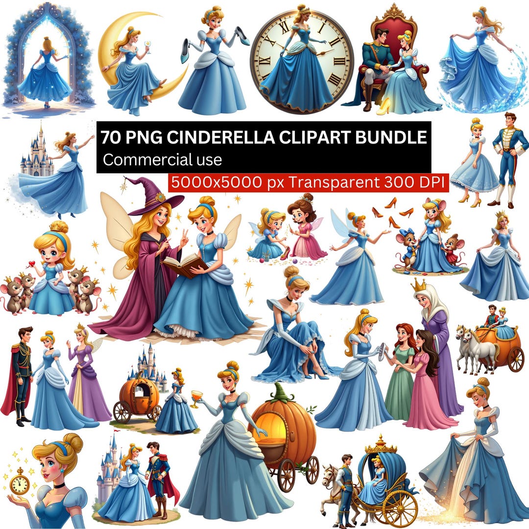 70 PNG Cinderella Clipart Bundle, Fairy Tale Princess Blue Dress ...