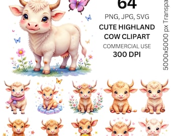 Süße Highland Kuh Clipart Bundle, Baby Kuh PNG SVG, Kawaii Bauernhof Tier Kunst, Kinderzimmer Clipart, kommerzielle Nutzung