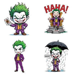 four cartoon-style illustrations of a young boy dressed as the Joker character from the Batman universe. The illustrations depict the Joker in various humorous and playful poses, such as holding a playing card, sitting on a stack of books, and laughing while holding an umbrella.