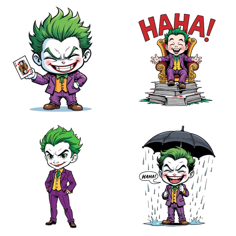 four cartoon-style illustrations of a young boy dressed as the Joker character from the Batman universe. The illustrations depict the Joker in various humorous and playful poses, such as holding a playing card, sitting on a stack of books, and laughing while holding an umbrella.