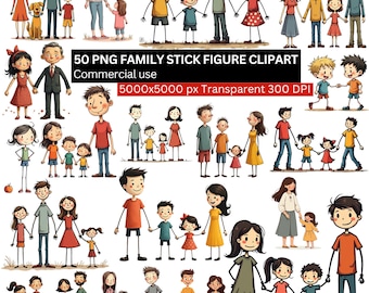 Familie Strichmännchen Clipart, 50 PNG Cartoon Eltern Kinder Illustrationen, süße Familie Digitaler Download, Mama Papa Kinder PNG, Familienillustrationen
