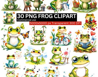 Paquete de imágenes PNG de ranas, 30 lindas ilustraciones de ranas, imágenes PNG de ranas de dibujos animados para fiestas infantiles, diseños de sublimación, fondo transparente