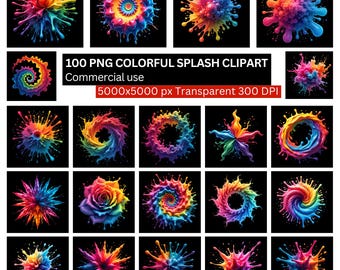 May include: A collection of 100 colorful splash clipart images in various shapes and designs. The images feature vibrant colors like red, blue, yellow, and green, with a black background. The text in the image says "100 PNG COLORFUL SPLASH CLIPART Commercial use 5000x5000 px Transparent 300 DPI."