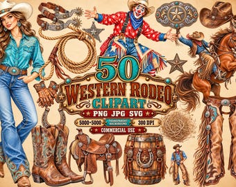 Western Rodeo Clipart Bundle, 50 Cowboy Cowgirl PNG SVG JPG Designs, Rustic Western Wear Boots Hats Horses, Instant Download Commercial Use
