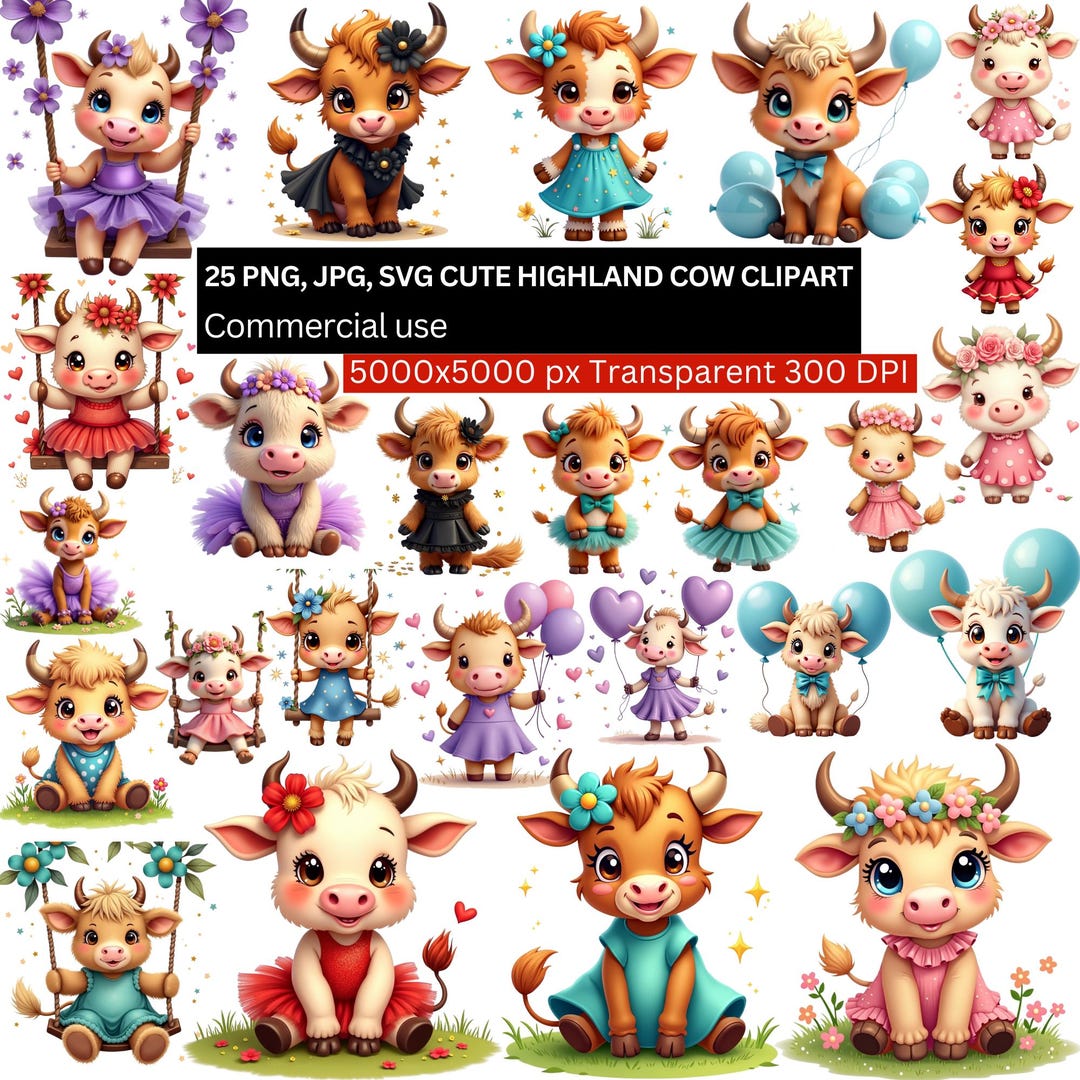 Highland Cow Clipart Bundle, 25 PNG JPG SVG, Baby Cow Clip Art, Farm ...