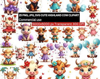 Highland Cow Clipart Bundle, 25 PNG JPG SVG, Baby Cow Clip Art, Farm Animal Stickers, Kawaii Cow Png, Sublimation Designs, Commercial Use