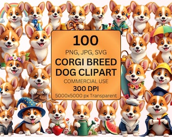 Corgi Clipart Bundle, Cute Dog PNG SVG JPG, Puppy Clipart, Welsh Corgi Graphics, Kawaii Dog Clipart, Commercial Use Bundle
