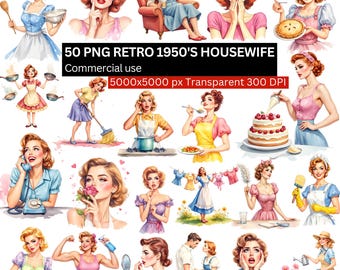 Retro Housewife Clipart PNG, 50 Vintage 1950s Women Bundle, Cooking, Cleaning, Makeup, Transparent Background, Digital Sublimationv