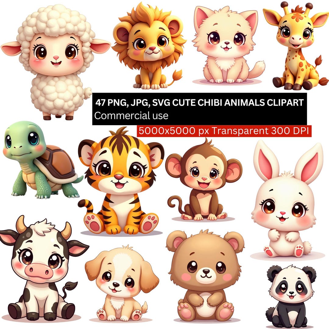 47 Cute Chibi Animals Clipart PNG JPG SVG Bundle, Kawaii Baby Animal ...